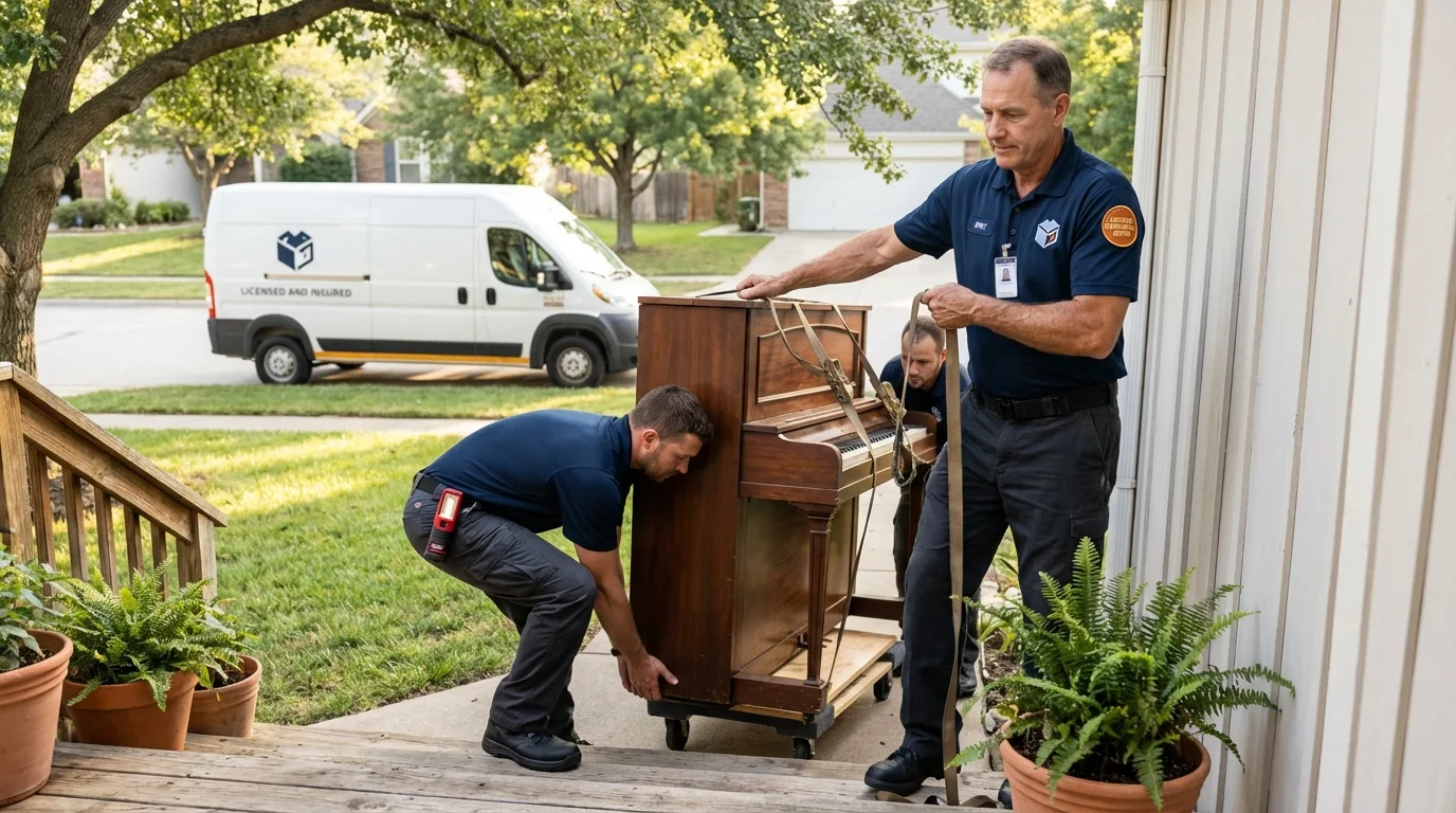 Licensed piano movers securing grand piano in Brentwood, MD