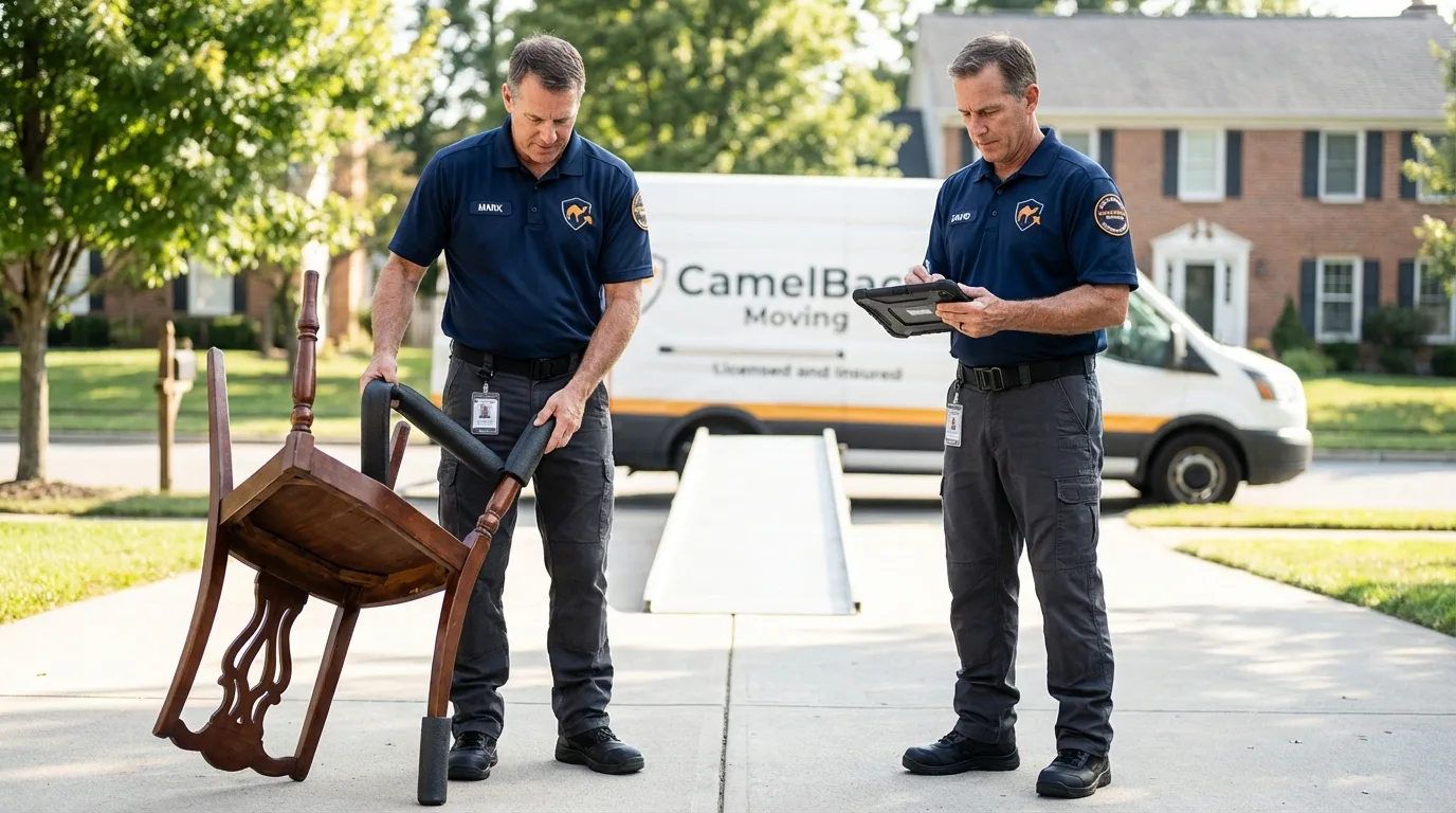 Movers inspecting furniture for damage prevention before loading in Brentwood, MD