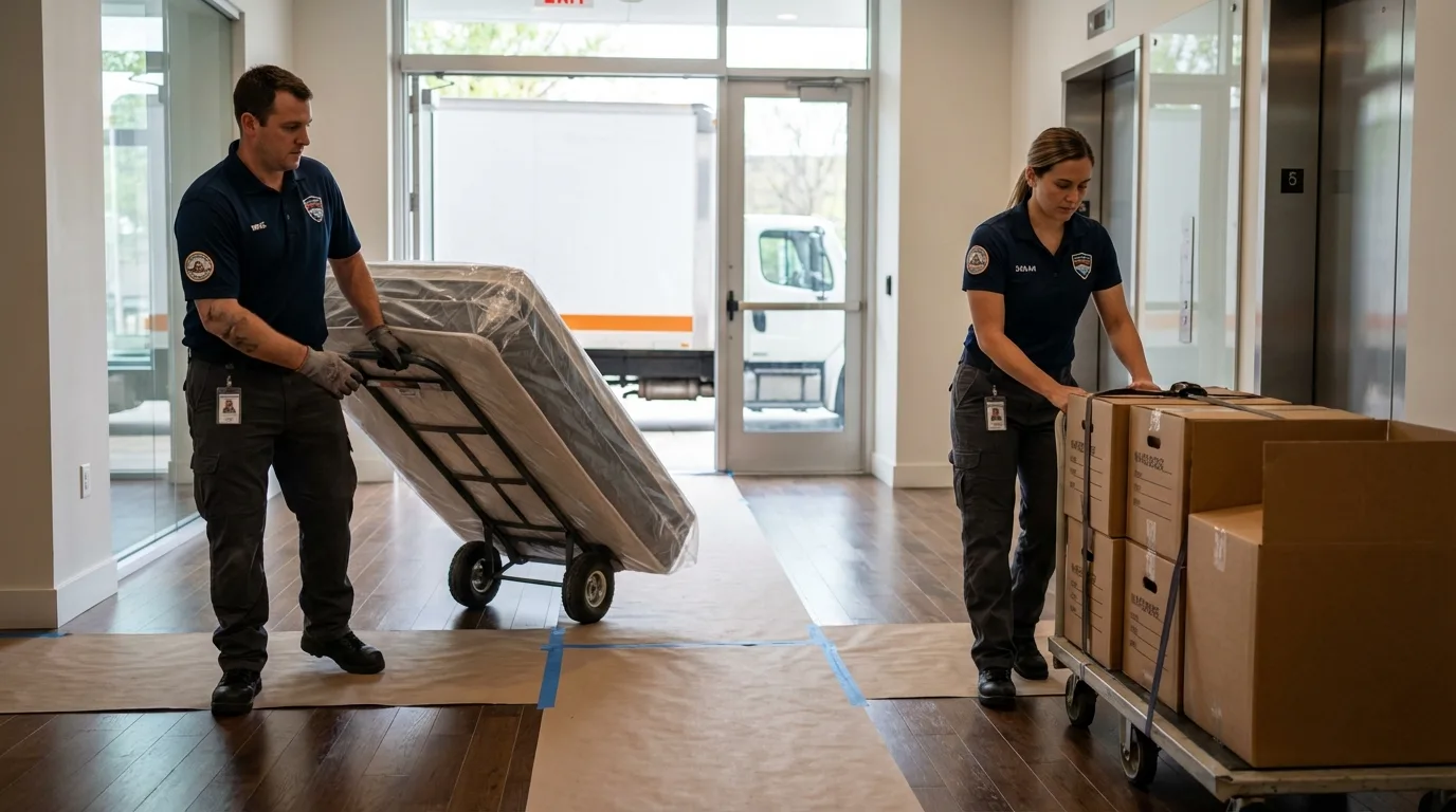 Professional apartment movers loading elevator in Brentwood, MD