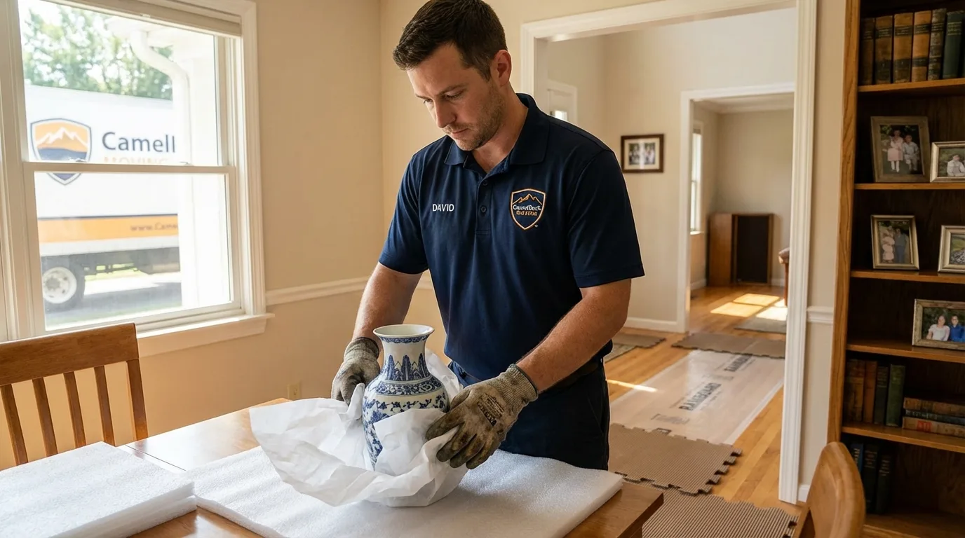 Professional crew carefully wrapping antique vase for senior downsizing move in Brentwood, MD